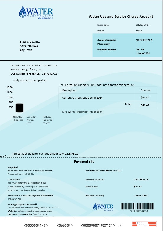 Australia Water Corporation WA business utility bill word and pdf. doc PSD template